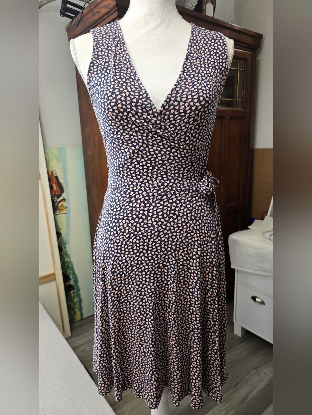 Venus Lascana Sleeveless Navy Wrap Dress with Blush Pink Print